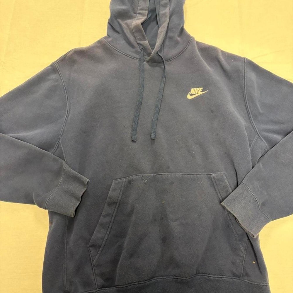 Nike Mens Medium Blue Pullover Hoodie Gold Embroidered Swoosh Logo Sweatshirt